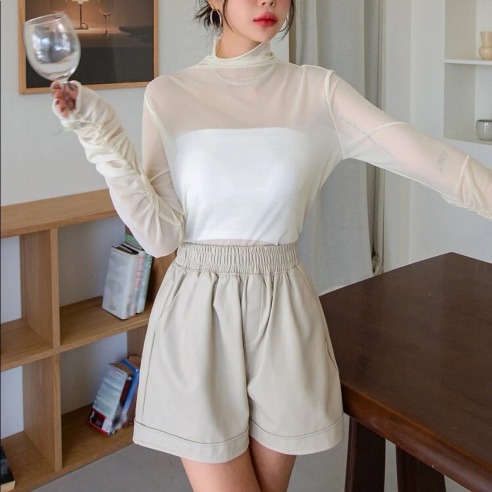 Beige Cowl Neck Mesh Long Sleeve Top Sz XL (6) - Picture 4 of 10